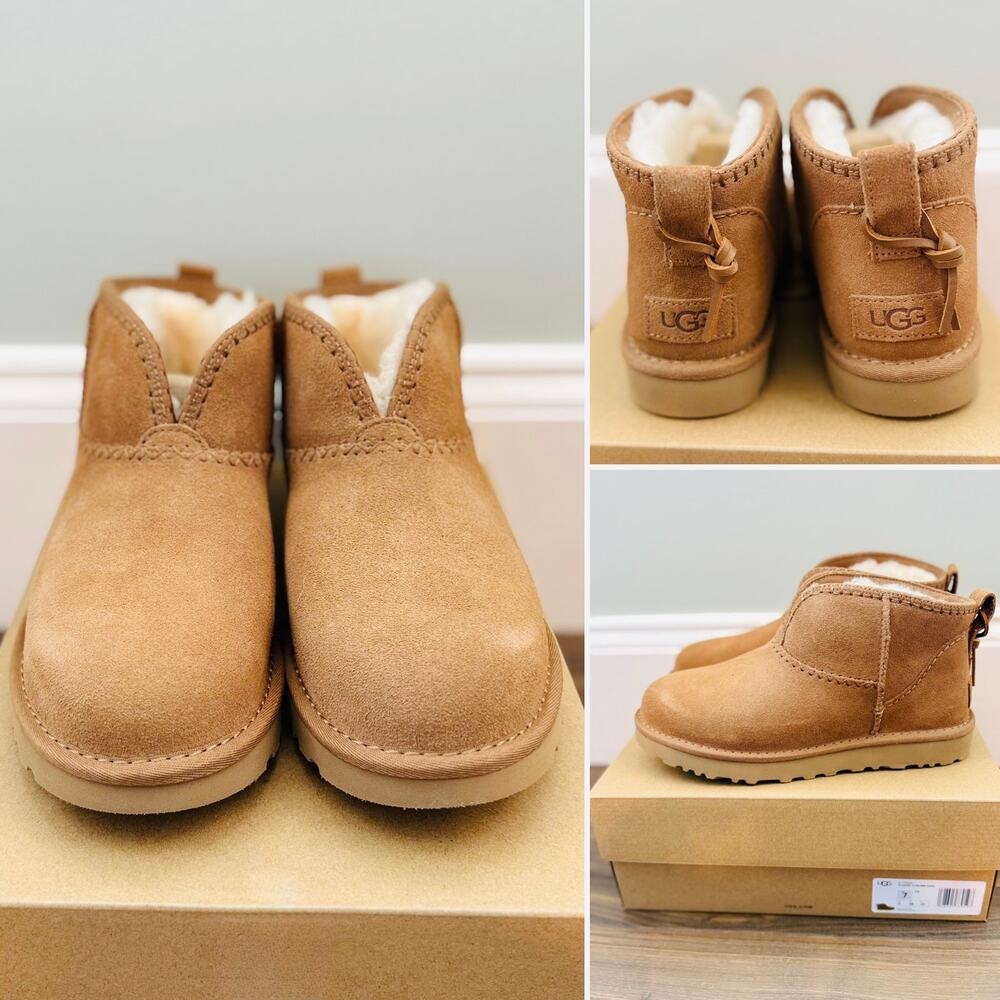 UGG Classic Ultra Mini Elaria Mustard Seed Suede Boots Women’s Size 7 NIB